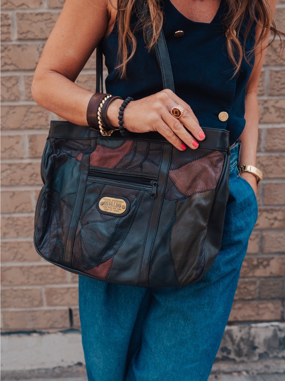 Black Leather Patchwork Tote Bag